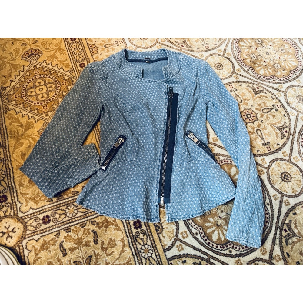 Free People women's blue jean Moto Denim Jacket Asymmetrical Zip Peplum 0/XS EUC